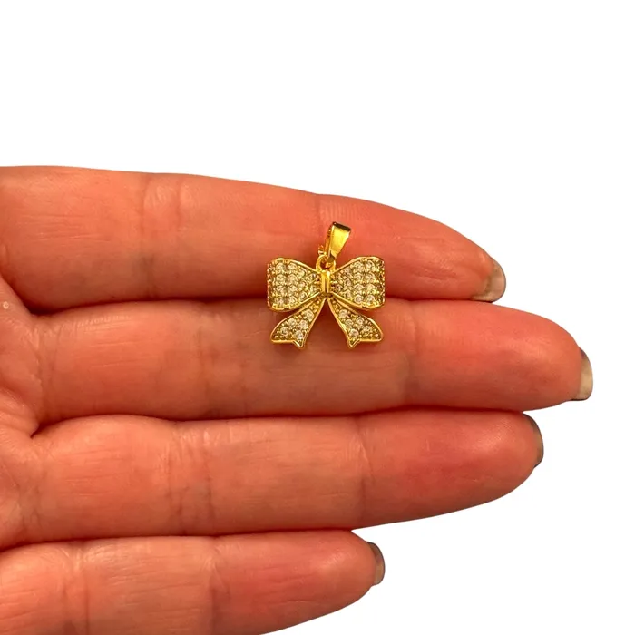 24Kt Gold Plated Stainless Steel CZ Bow Charm With Bail Peppy Beads Necklaces