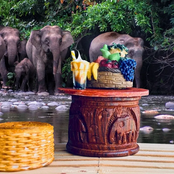 African Safari Inspired Wooden Table with Elephant Carvings Miniatures by NC Necklaces