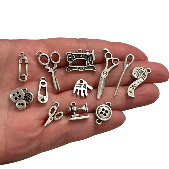 Antique Silver Plated Sewing Charms Collection 12 Charms in a pack Peppy Beads Earrings