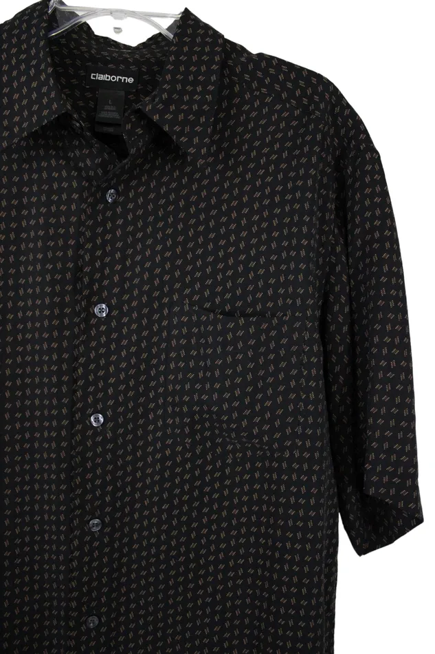 Claiborne Rings Claiborne Black Brown Pattern Silk Shirt L