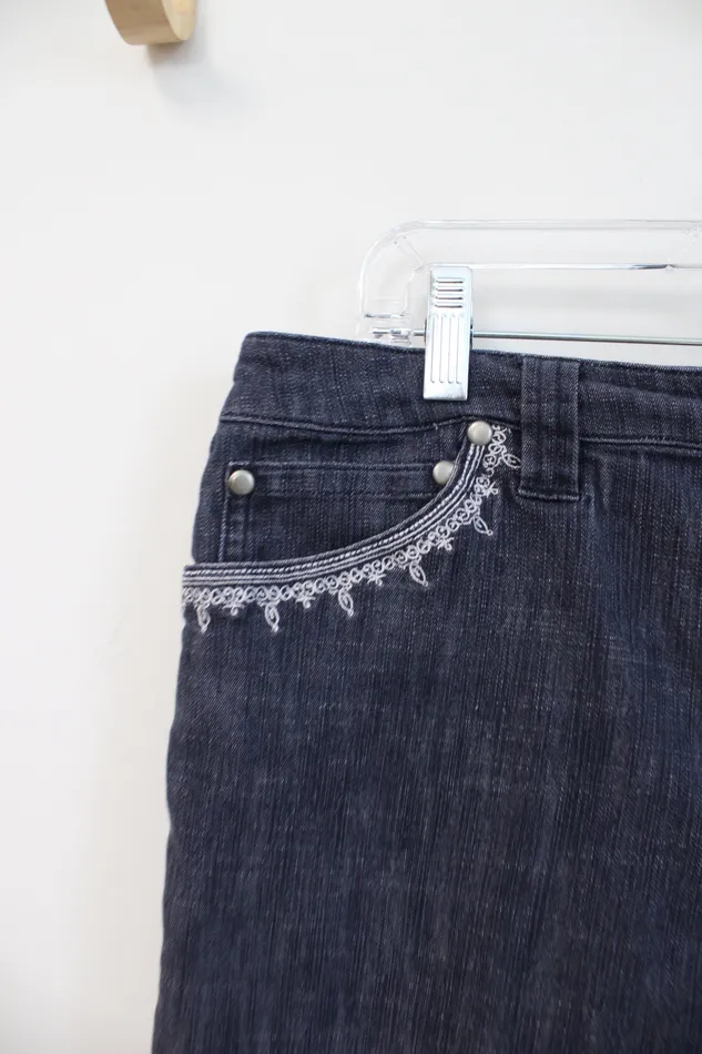 Dressbarn Rings Dressbarn Embroidered White Edged Blue Gray Denim Capri Pants 14W