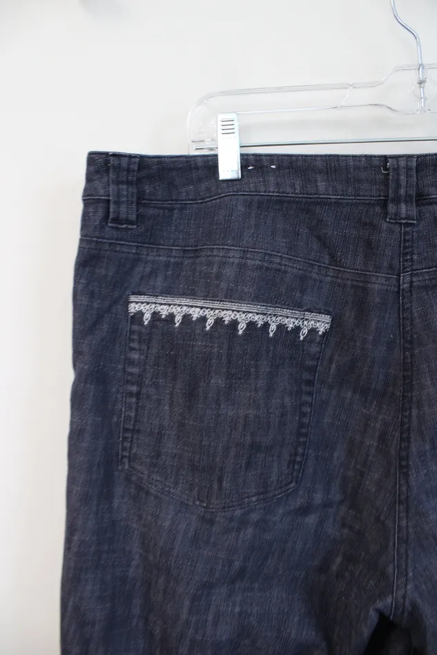 Dressbarn Rings Dressbarn Embroidered White Edged Blue Gray Denim Capri Pants 14W