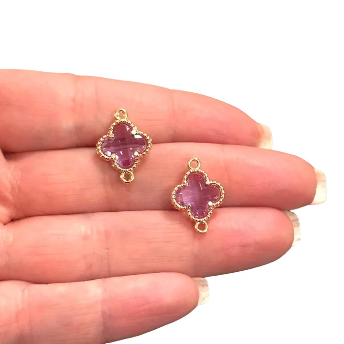 Earrings 24Kt Gold Plated Lilac Glass Clover Connector Charm 2 pcs in a pack Peppy Beads