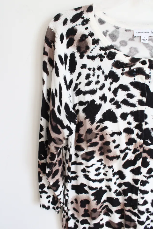 Earrings Susan Graver Susan Graver Cheetah Print Beaded Knit Cardigan L