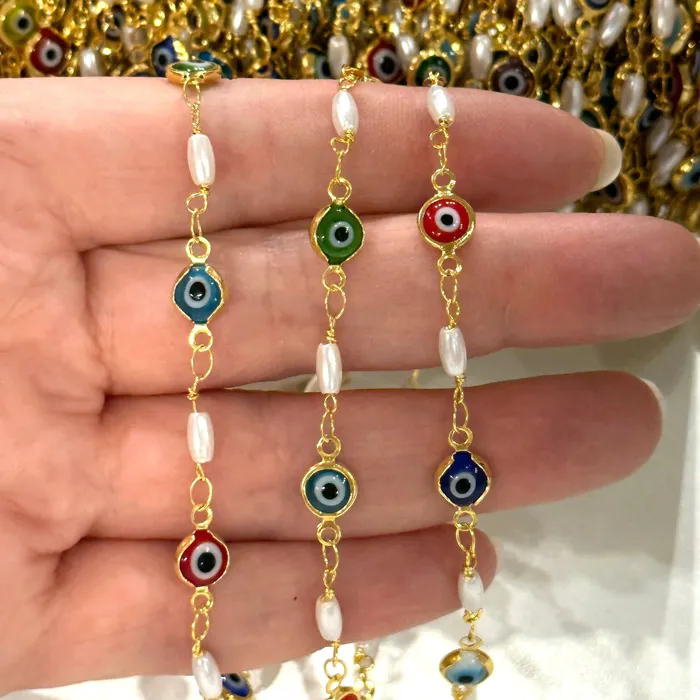Evil Eye Rosary Chain 24Kt Gold Plated Rosary Chain Peppy Beads Necklaces