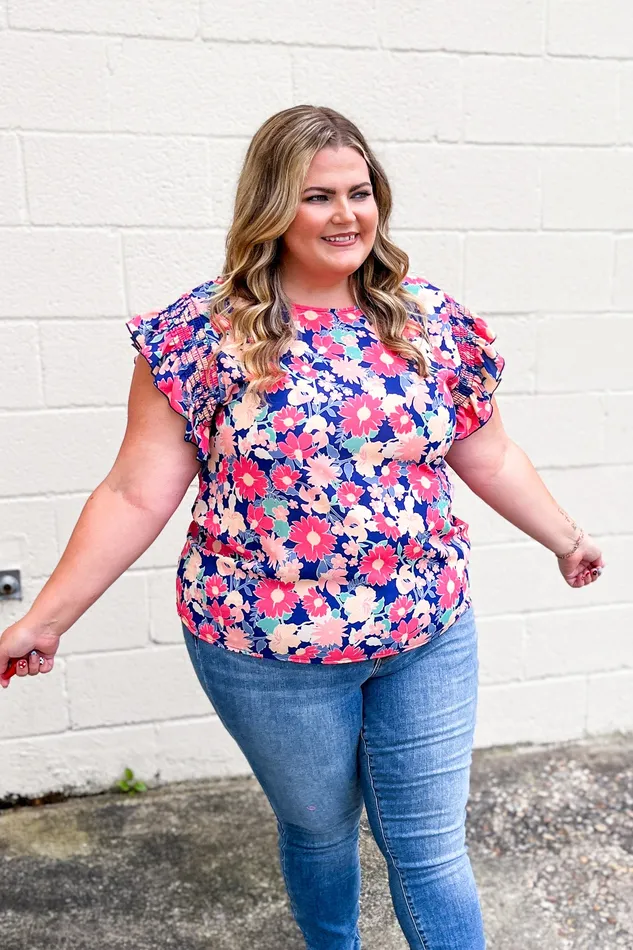 Floral Field Ruffle Sleeve Top Navy Haptics Rings