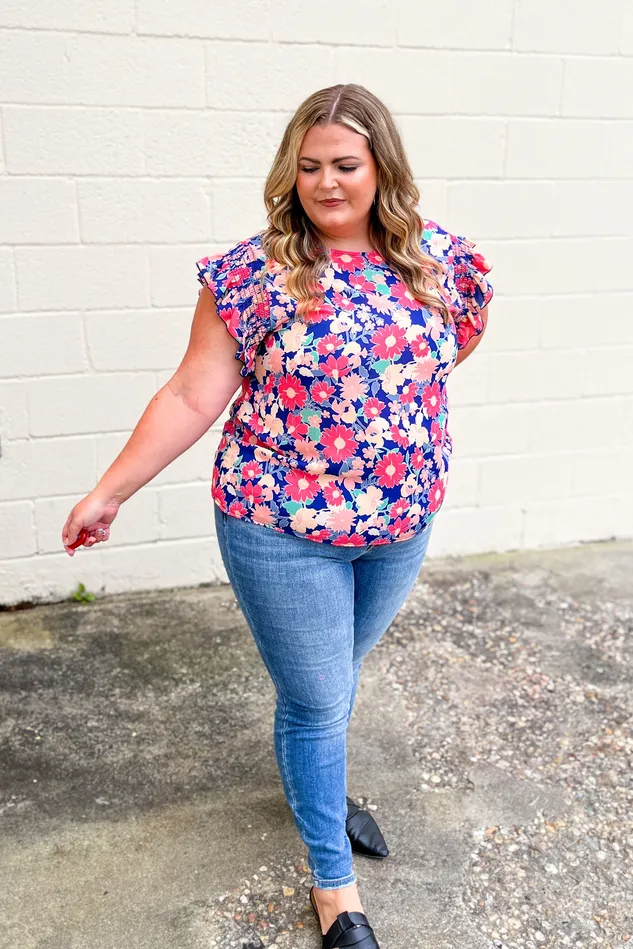 Floral Field Ruffle Sleeve Top Navy Haptics Rings