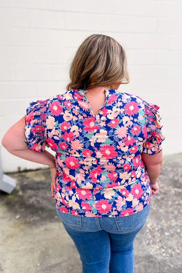 Floral Field Ruffle Sleeve Top Navy Haptics Rings