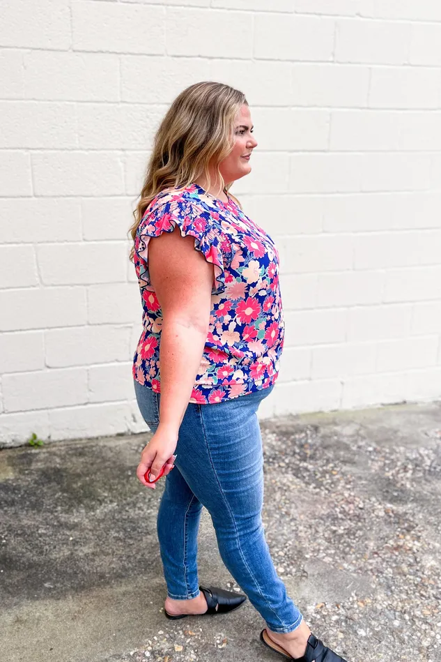 Floral Field Ruffle Sleeve Top Navy Haptics Rings