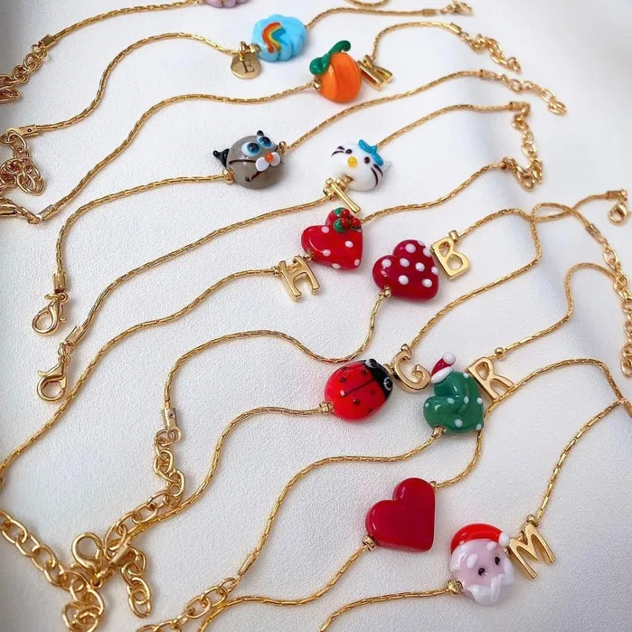 Hand Made Murano Glass Black Heart Charm Peppy Beads Charm Necklaces