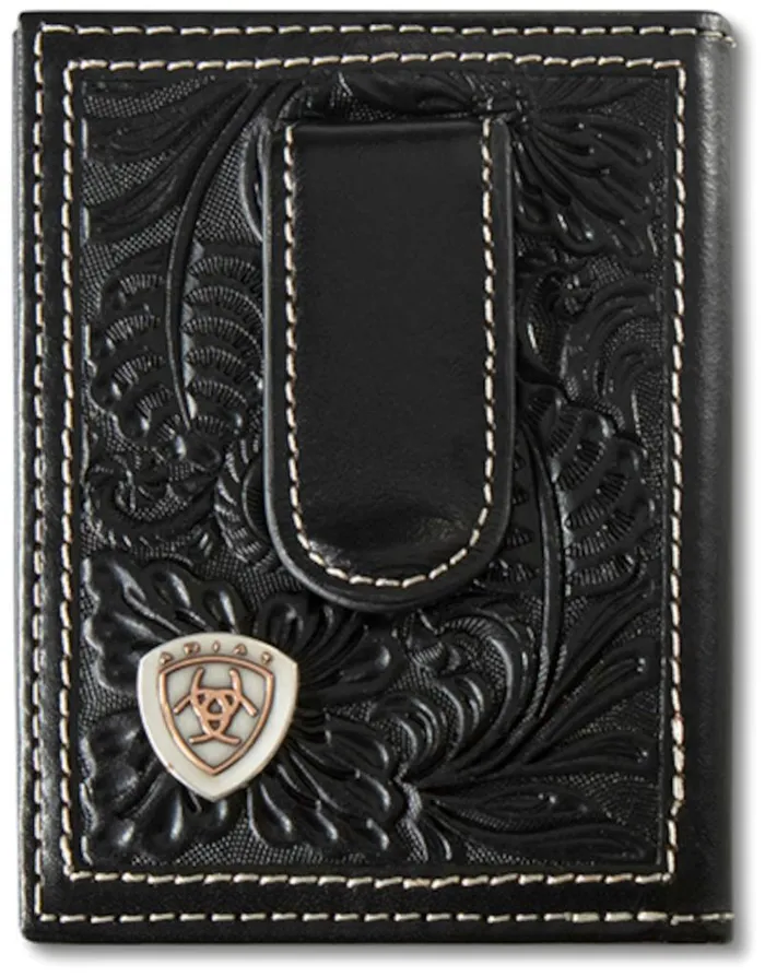 M F WESTERN PRODUCTION INC Rings ARIAT MENS MONEY CLIP STYLE WALLET FLORAL EMBOSSED SHIELD BLACK