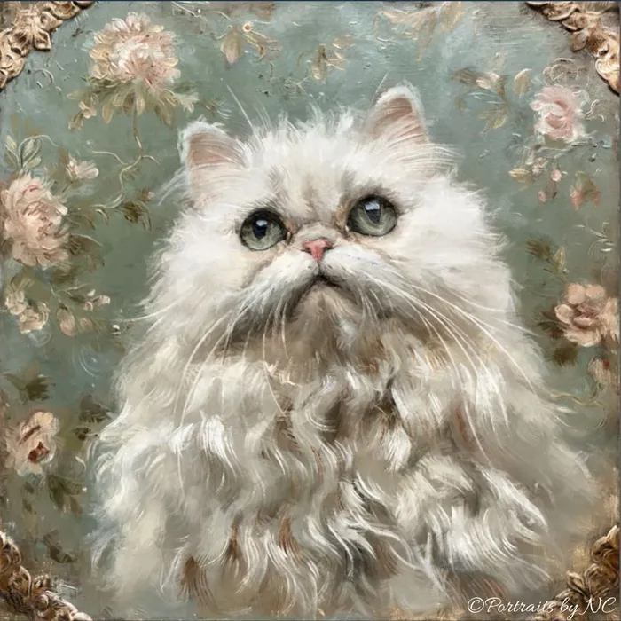 Portraits by NC Rings White Persian Cat Portrait on Floral Background