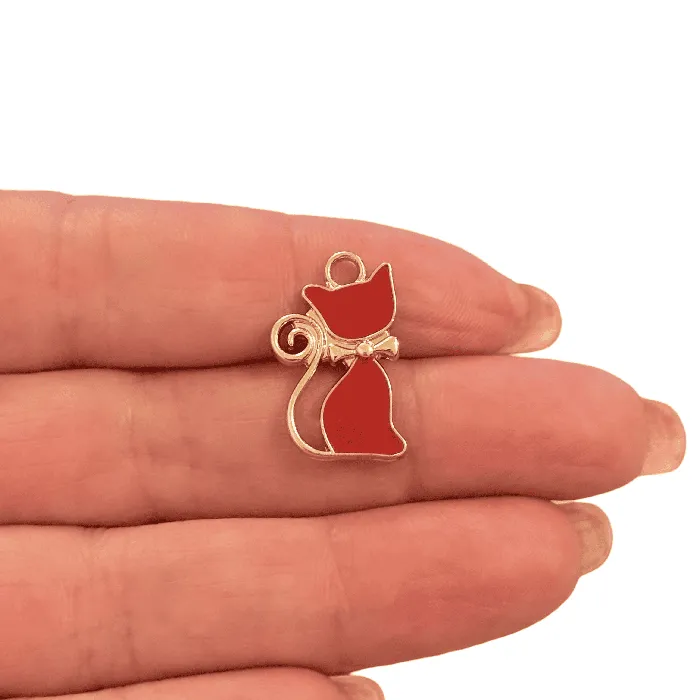Red Enamel Cat Charm Peppy Beads Earrings