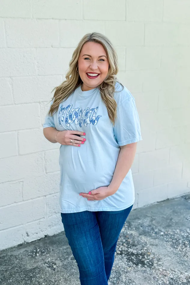 Rings JL Franklins Mama Blue Willow Graphic Tee Chambray