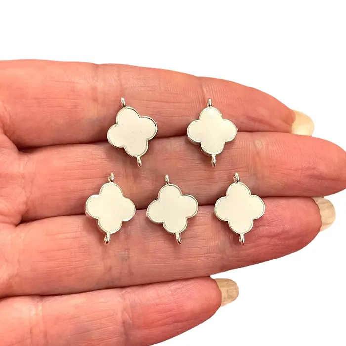 Rings Peppy Beads Silver Plated White Enamelled Clover Connector Charms 5 pcs in a pack Rings Peppy Beads Silver Plated White Enamelled Clover Connector Charms 5 pcs in a pack
