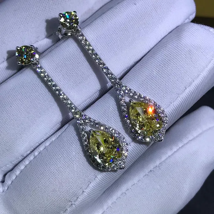 3 Carat Pear cut Yellow Halo Moissanite Dangling Earrings Leyloon Jewelry Earrings 3 Carat Pear cut Yellow Halo Moissanite Dangling Earrings Leyloon Jewelry Earrings