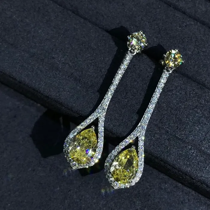 3 Carat Pear cut Yellow Halo Moissanite Dangling Earrings Leyloon Jewelry Earrings