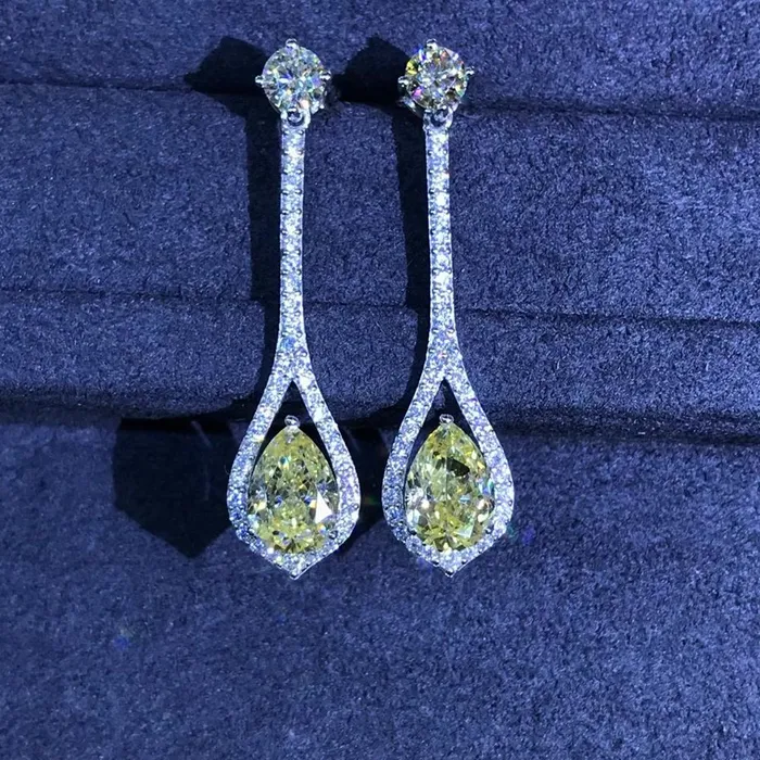 3 Carat Pear cut Yellow Halo Moissanite Dangling Earrings Leyloon Jewelry Earrings