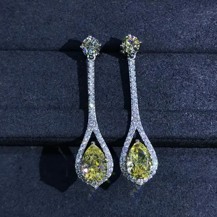 3 Carat Pear cut Yellow Halo Moissanite Dangling Earrings Leyloon Jewelry Earrings