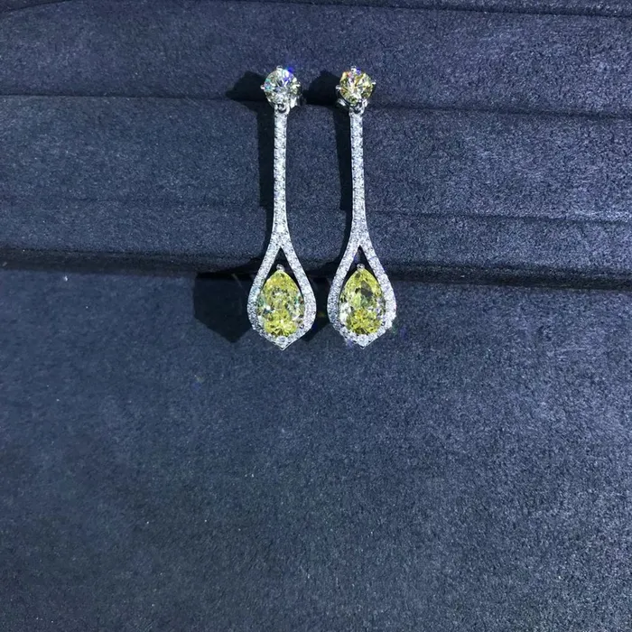 3 Carat Pear cut Yellow Halo Moissanite Dangling Earrings Leyloon Jewelry Earrings