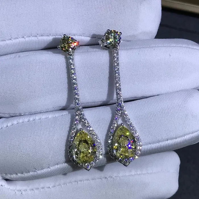 3 Carat Pear cut Yellow Halo Moissanite Dangling Earrings Leyloon Jewelry Earrings