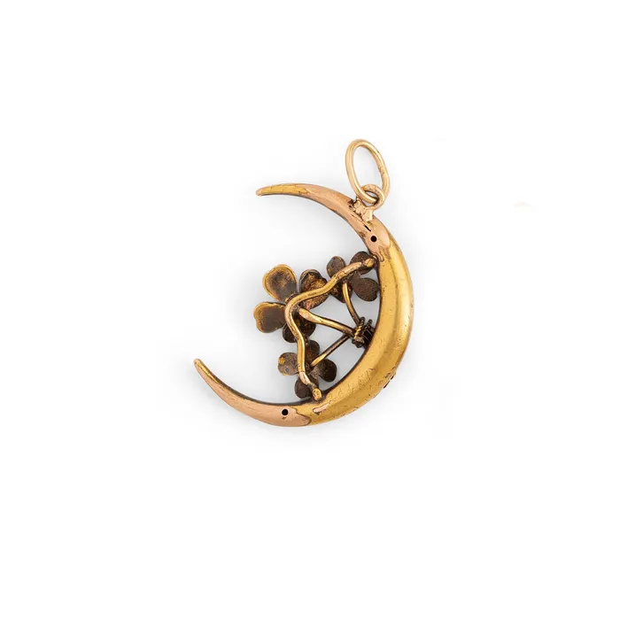 Antique Earrings Victorian Diamond Pearl and Enamel 14K Gold Moon Charm