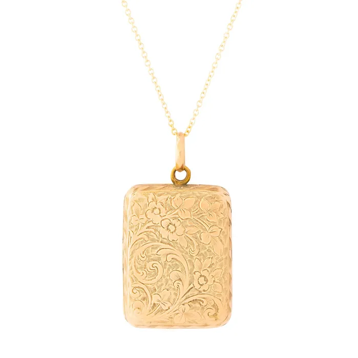 Antique Necklaces Rectangular Engraved Floral 9k Gold Locket