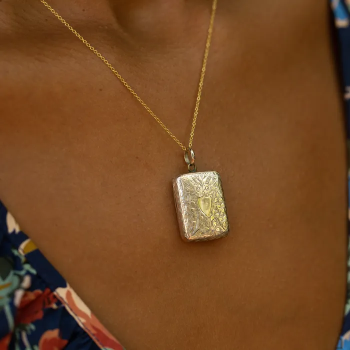 Antique Necklaces Rectangular Engraved Floral 9k Gold Locket