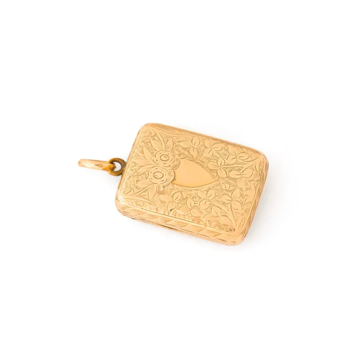 Antique Necklaces Rectangular Engraved Floral 9k Gold Locket