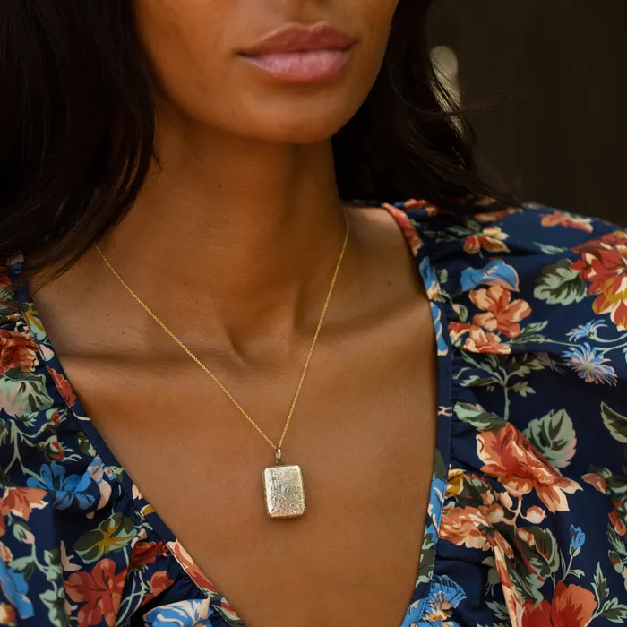 Antique Necklaces Rectangular Engraved Floral 9k Gold Locket