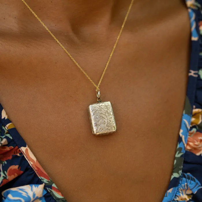 Antique Necklaces Rectangular Engraved Floral 9k Gold Locket