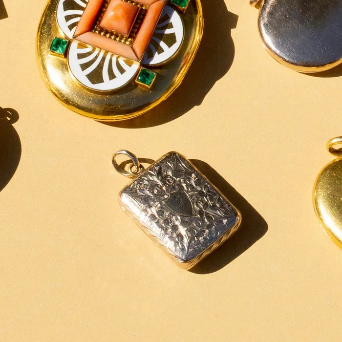 Antique Necklaces Rectangular Engraved Floral 9k Gold Locket