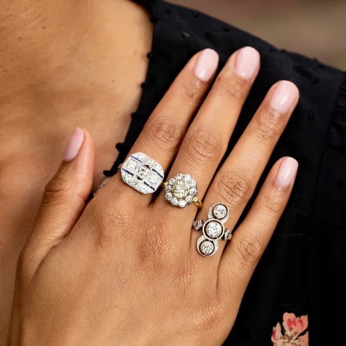 Antique Rings Edwardian 3Stone Diamond Platinum and 14K Gold Ring