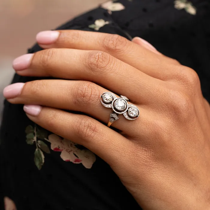 Antique Rings Edwardian 3Stone Diamond Platinum and 14K Gold Ring