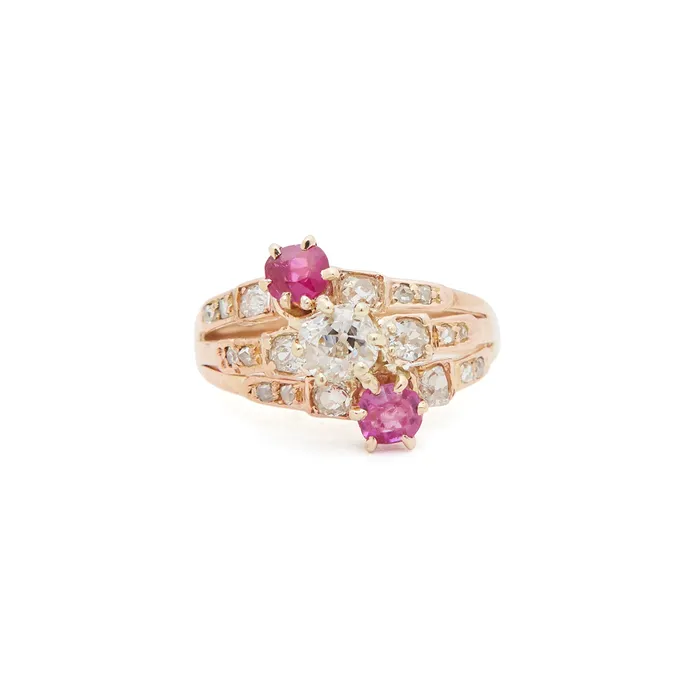 Antique Rings Victorian Asymmetrical Ruby And Diamond 14k Gold Ring