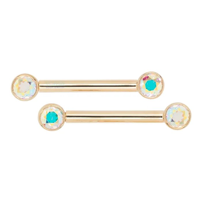 Body Vision BVLA Forward Facing Nipple Barbells in Gold with Mercury Mist Topaz Earrings Body Vision BVLA Forward Facing Nipple Barbells in Gold with Mercury Mist Topaz Earrings
