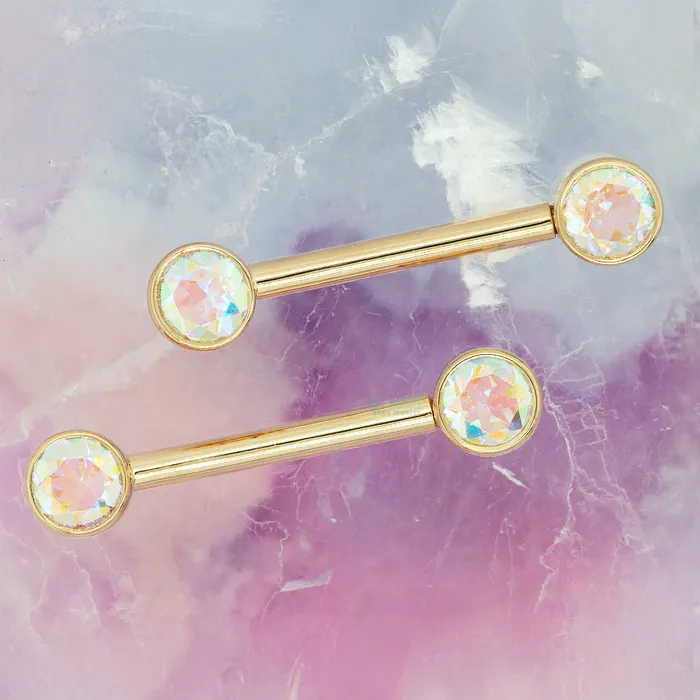 Body Vision BVLA Forward Facing Nipple Barbells in Gold with Mercury Mist Topaz Earrings