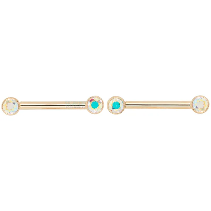 Body Vision BVLA Forward Facing Nipple Barbells in Gold with Mercury Mist Topaz Earrings