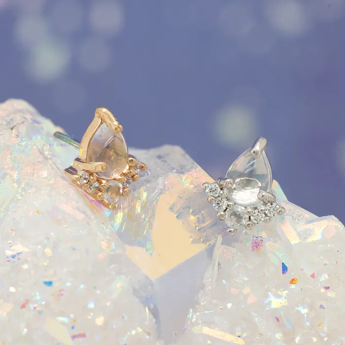 Buddha Jewelry Organics Earrings threadless Love Language End in Gold with Rainbow Moonstone CZs