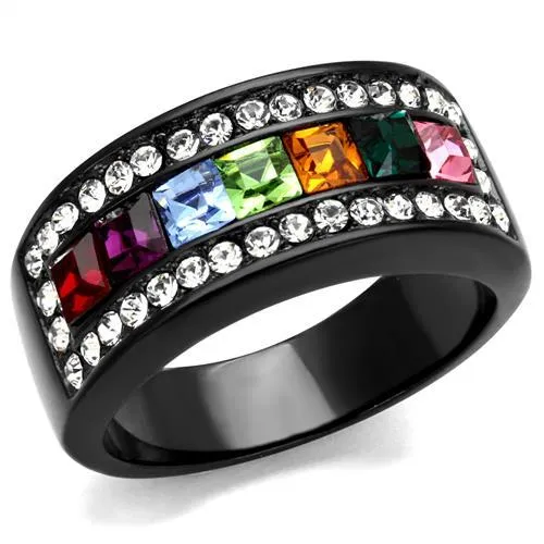 CJ1402J Wholesale Womens Stainless Steel IP Black Top Grade Crystal Multi Color Ring Green Rings