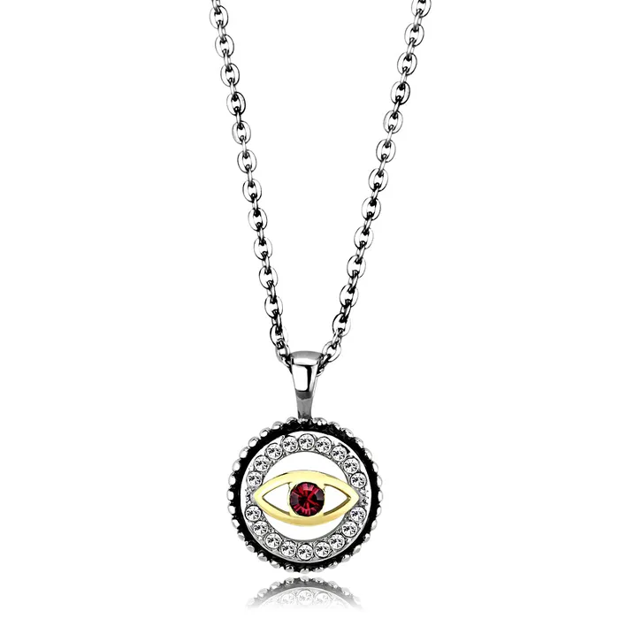 CJ2527 Wholesale Womens Stainless Steel TwoTone IP Gold Top Grade Crystal Garnet Evil Eye Chain Pendant Green Necklaces