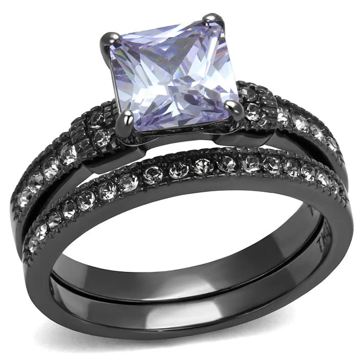 CJE2970 Wholesale Stainless Steel Light Black CZ Princess Cut Ring Set Green Rings