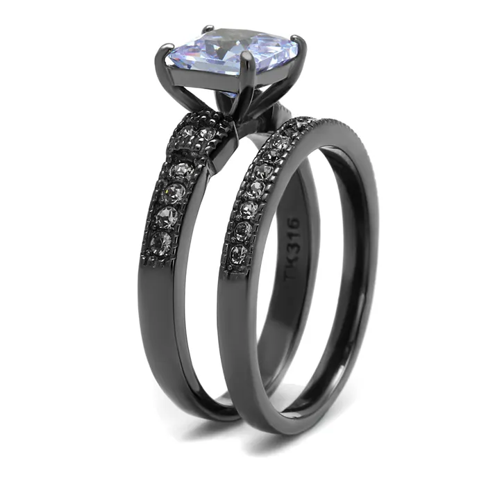 CJE2970 Wholesale Stainless Steel Light Black CZ Princess Cut Ring Set Green Rings CJE2970 Wholesale Stainless Steel Light Black CZ Princess Cut Ring Set Green Rings