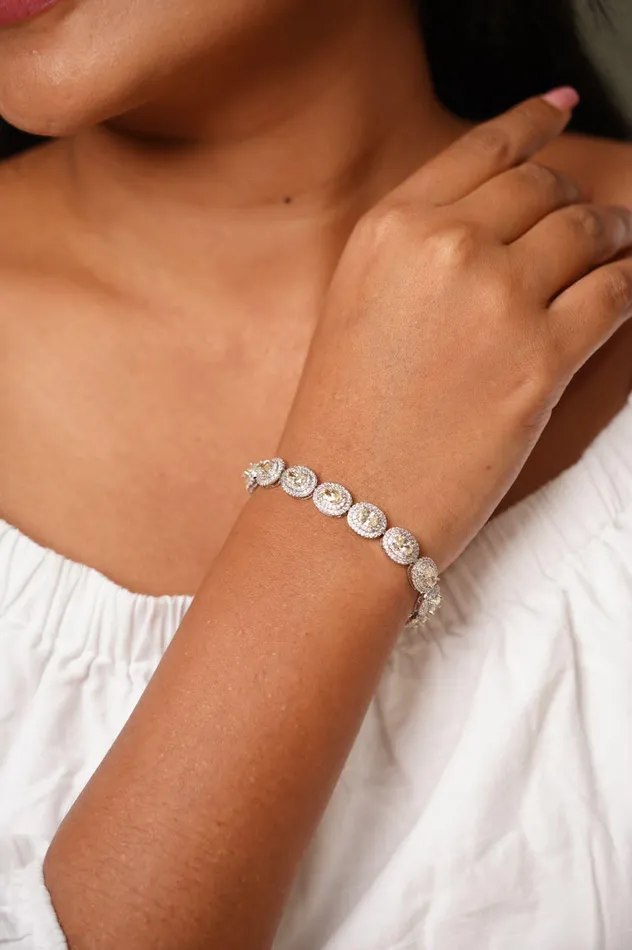Coloured Stone Dual Halo Oval Shaped Diamond Tennis Bracelet Attrangi Bracelets Coloured Stone Dual Halo Oval Shaped Diamond Tennis Bracelet Attrangi Bracelets