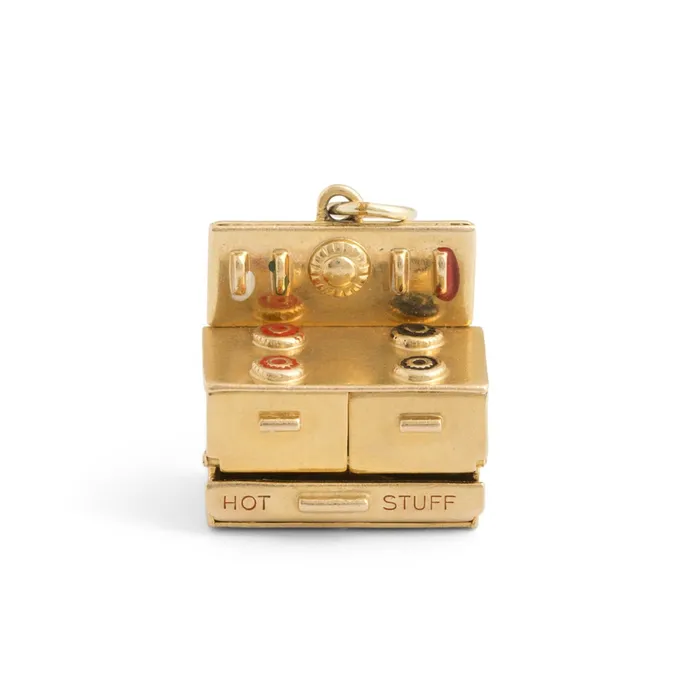 Earrings Vintage Hot Stuff Movable Stove Enamel and 14k Gold Charm