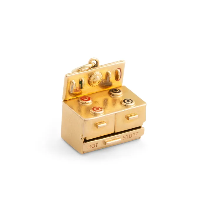 Earrings Vintage Hot Stuff Movable Stove Enamel and 14k Gold Charm