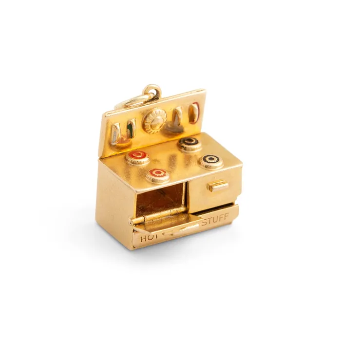 Earrings Vintage Hot Stuff Movable Stove Enamel and 14k Gold Charm