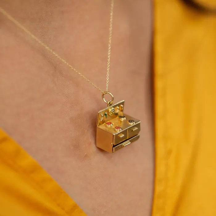 Earrings Vintage Hot Stuff Movable Stove Enamel and 14k Gold Charm
