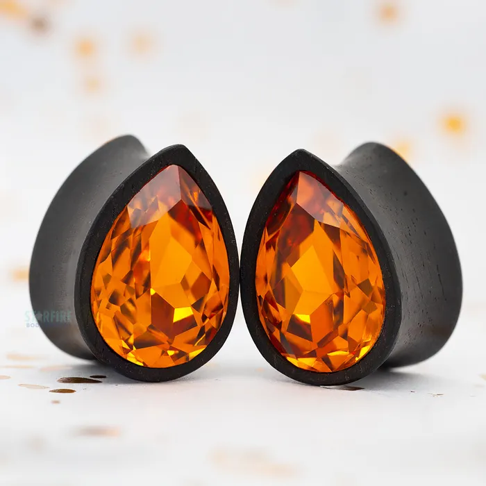 Esoteric Organics Earrings Teardrop Swarovski Plugs in Wood Topaz