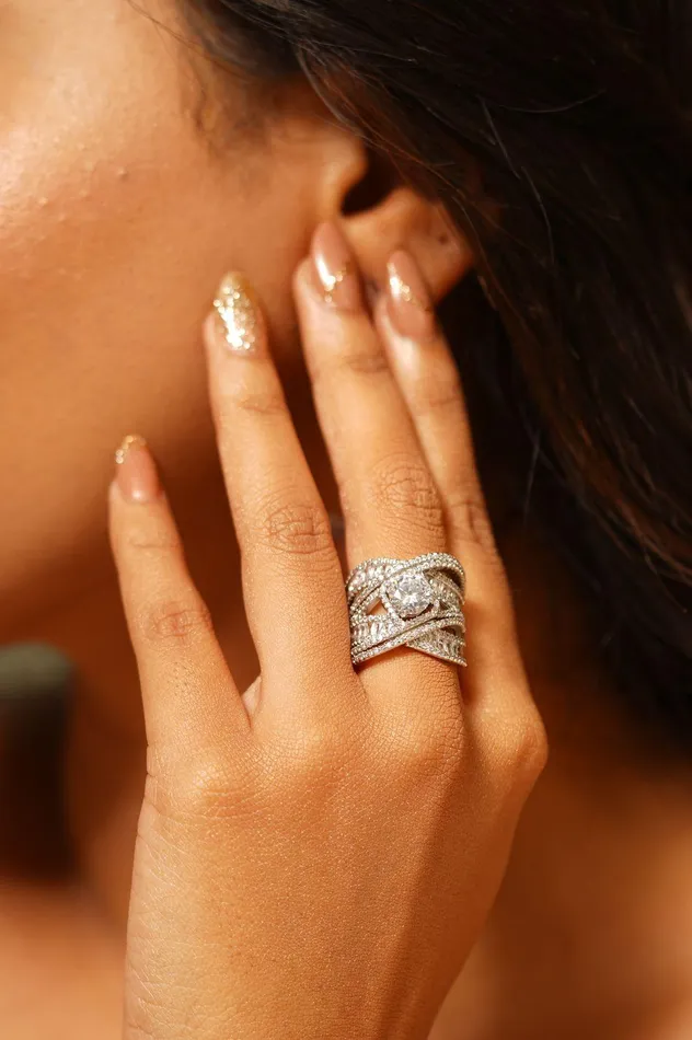 Giza Round Solitaire Cocktail Diamond Ring Baguettes Attrangi Rings